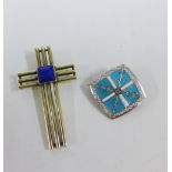 Vintage German silver gilt and lapis lazuli crucifix / cross pendant, 5cm together with an enamel