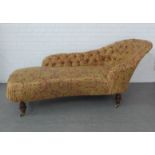 Victorian chaise longue, with button back and upholstered in raspberry and gold fabric, on tulip