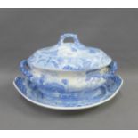 Spode blue and white transfer printed Castle pattern tureen and cove with its stand, (2)