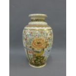 Japanese earthenware baluster vase with chrysanthemum and bird pattern, with character marks to