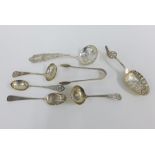 Various silver spoons to include sugar sifters and tongs, etc various makers and hallmarks, (7)