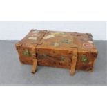 Vintage brown leather travel trunk / case monogrammed V.S.M., with travel stickers to include