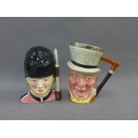 Staffordshire Grenadier Guardsman character jug and another of Micawber by Sandland, 14cm (2)