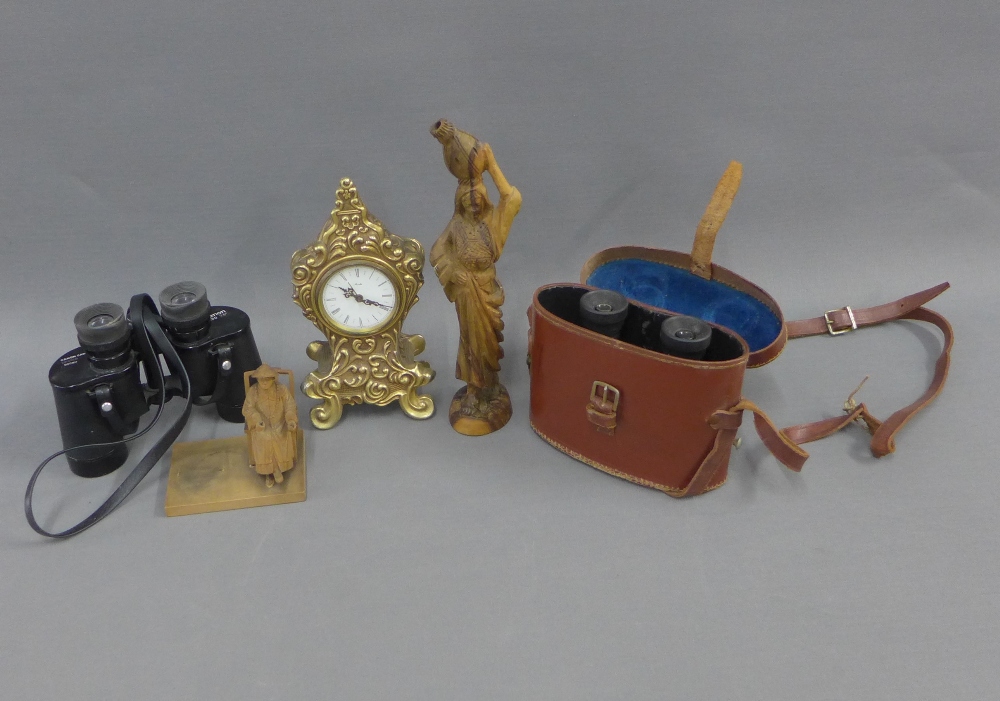 Mixed lot to include binoculars, mantle clock and wooden figures, etc (a lot)