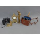 Mixed lot to include binoculars, mantle clock and wooden figures, etc (a lot)