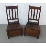 Pair of chairs, the solid seats hinged and lifting to reveal a storage area beneath, 46 x 92 x