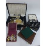 A carton containing costume jewellery, set of six silver pastry forks, Epns flatwares, etc (a lot)