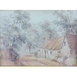 British School, cottages with figures on a pathway, watercolour and crayon on blue paper, apparently