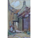 Jeannie Wilson, Street Scene and figure, watercolour, signed, in a glazed frame, 8 x 12cm