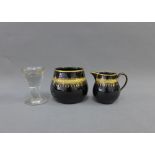 19th century Wedgwood jug and sugar bowl, black glazed with gilded rims, together with a glass '