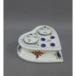 Wemyss Ware pottery hearts shaped inkwell with glass wells, 16cm long