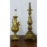 Ormolu lamp based with cherub and vines, F&L Moreau, together with a gilt brass table lamp base,