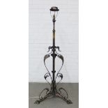 Art Nouveau copper and brass standard lamp, height to fitting 130 - 191cm