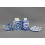 Staffordshire blue and white transfer printed pottery to include a Cauldon hexagonal caddy type