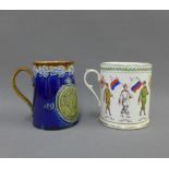 Doulton Lambeth Queen Victoria Jubilee mug and a WWI 'The Allies' transfer printed mug, tallest 10cm
