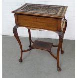 Carved oak sewing table, with hinged lid and green fabric lined interior, on cabriole legs, (a/f) 58