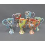 Set of six Mark Hallam painted pottery mugs, 17cm (6)