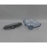 Orrefors smoked glass dish, circa 1960's, 35cm long, and a Whitefriars style blue glass bowl, (2)