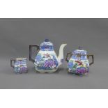 Masons Ironstone teapot, sugar bowl and milk jug, with a transfer printed chinoiserie pattern, (3)