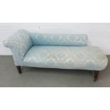 Late 19th / early 20th century chaise longue with blue damask style upholstery, left hand scroll arm