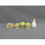 Avonware fruit moulded part teaset, Royal Doulton figure and a Staffordshire butter dish, (a lot)