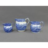 Set of three Spode Copeland blue and white Italian pattern graduating jugs, tallest 16cm (3)