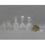 Various decanters and etched drinking glasses and two wine coasters, etc (8)