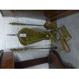 Fan shaped brass spark guard, 65cm tall, (a/f) together with fire irons, shovel and tongs,