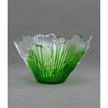 1960's cracked ice effect glass bowl with a green rim, by Humpiila of Finland, signed Wirkkala, 14 x