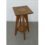 Arts & Crafts oak two tier side table, 28 x 59 x 28cm