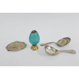 Enamel and silver gilt pomander, wine label for PORT, a silver caddy spoon and another (4)