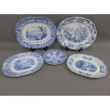 19th century Staffordshire blue and white transfer printed ashets to include Haddon, Villa Scenery