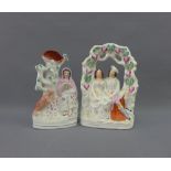 Staffordshire flatback of a couple in an arbour and Little Red Riding Hood figure, (2)