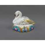 Royal Crown Derby Swan paperweight, with gold stopper and printed factory marks, 14cm long