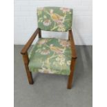 Early 20th century open armchair with bird of paradise upholstered fabric back and seat, 53 x 75cm
