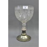 Large etched glass goblet vase with Epns stem and footrim, etched with griffin's and acanthus leaf