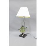 Figural bronze patinated metal table lamp base with shade, size including shade is approx 50cm