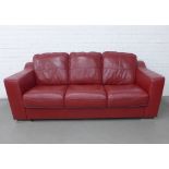 Violino red leather three seat sofa, on chromed feet, 90 x 212 x 96cm