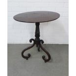 Mahogany side table with an oval top and fluted column with three S scroll legs, 59 x 66 x 41cm