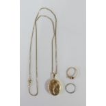 9ct gold oval locket on a 9ct gold chain, white metal wedding band and a scrap metal 9ct gold