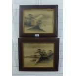 Pair of Japanese watercolour and gilt Mount Fuji scenes, framed under glass, size overall 38 x