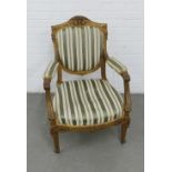 Louis XV style giltwood fauteil with striped upholstered back and seat, 66cm