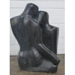 Black abstract figure of two figures, signed JR Brown with An Art For Offices, Dock Street, London