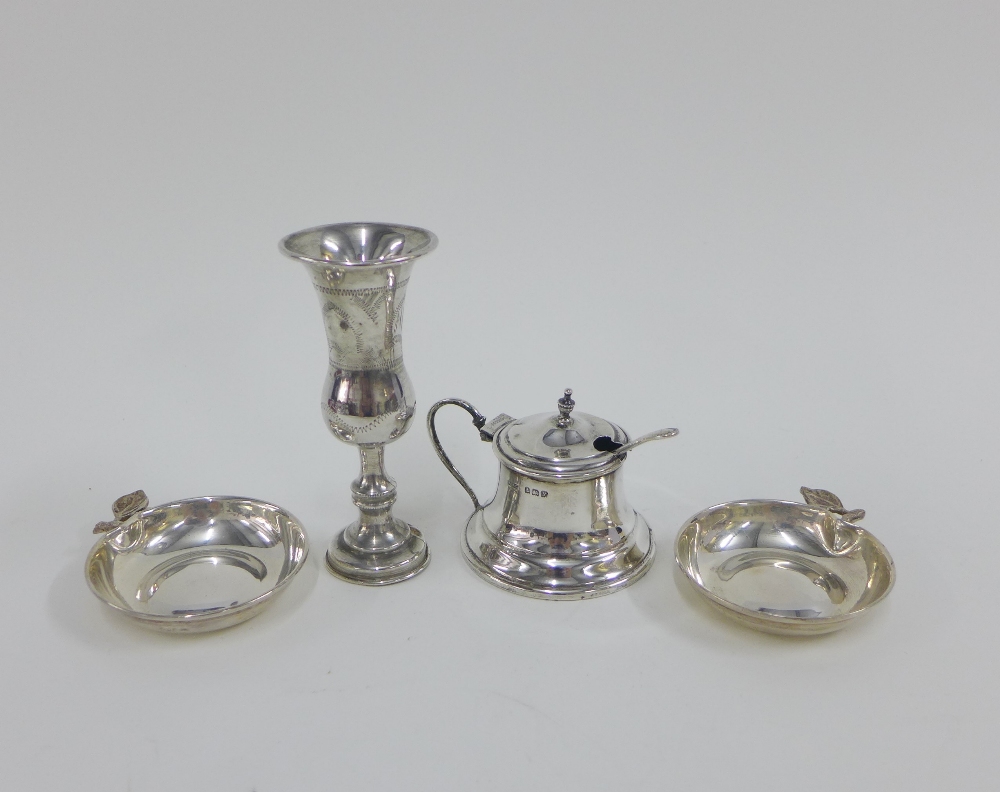 Birmingham silver mustard and a Birmingham silver miniature bud vase, 10cm high, together with a