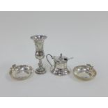 Birmingham silver mustard and a Birmingham silver miniature bud vase, 10cm high, together with a