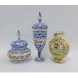 Italian terracotta glazed wet drug jar and two blue and white Italian pottery jars with domed