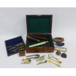 19th century mahogany box containing a variety of items to include a small three draw telescope,