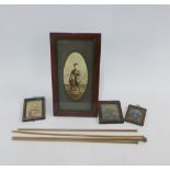 Mixed lot to include four wooden knitting needles and four framed prints (a lot)