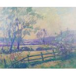 T.H. Kirman, the sun setting on a landscape, oil on canvas, signed indistinctly, in a faux
