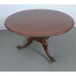 19th century mahogany breakfast table, with a circular top, pedestal base and scrolling legs, (